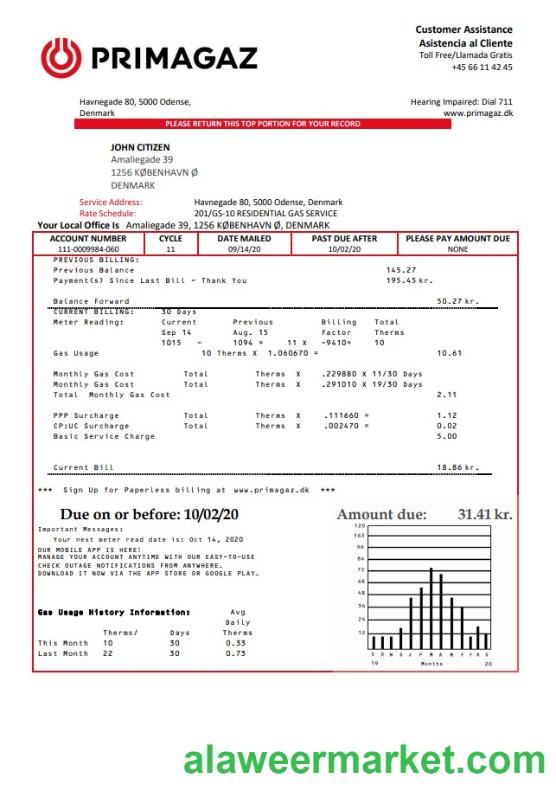 Denmark Primagaz Denmark gas utility bill template in Word and PDF format